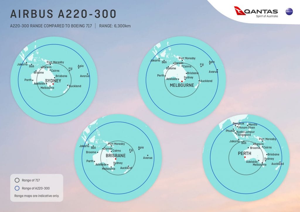 Qantas A220-300 Range Map