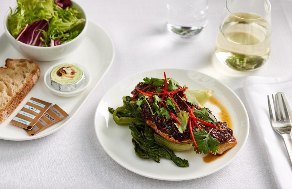 Qantas New Menu March 2023 - Seared Snapper with black bean sauce, seasonal greens and salted chilli (International Business)