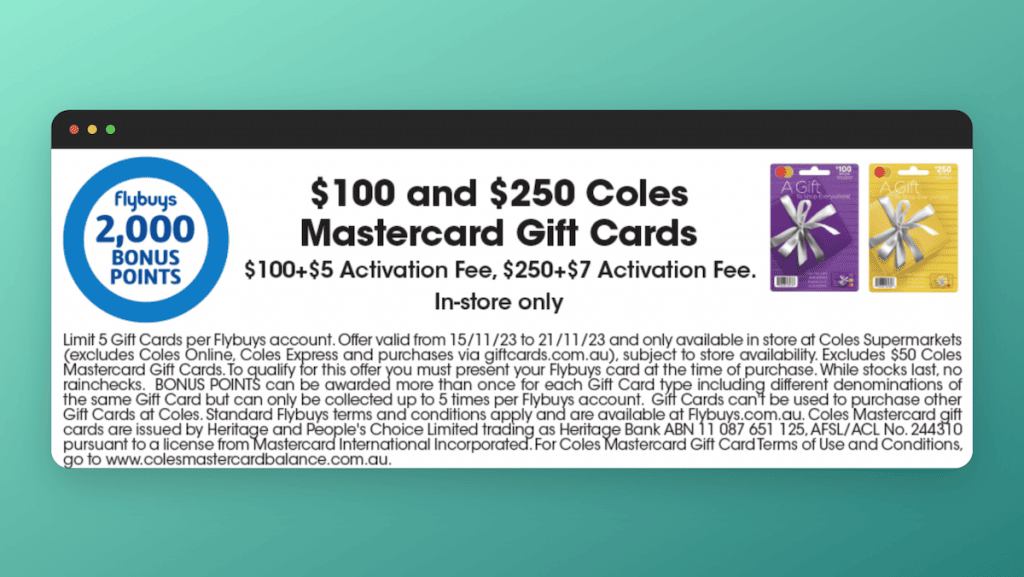 2000 Flybuys on Coles Mastercard Gift Card