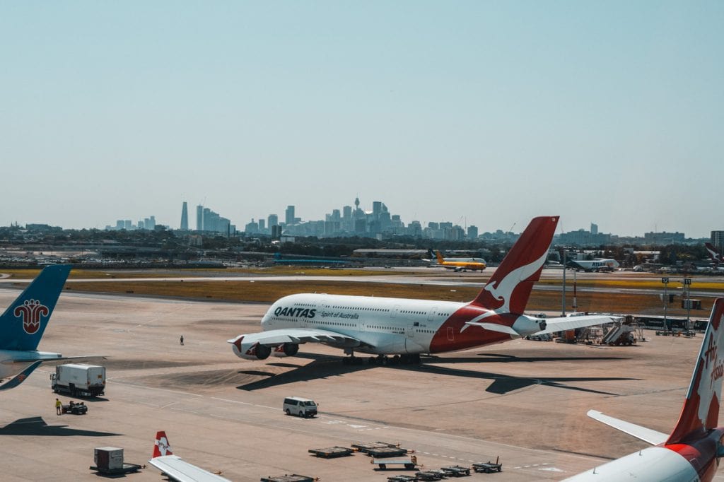 Qantas A380 seen from Qantas First Class Lounge Sydney