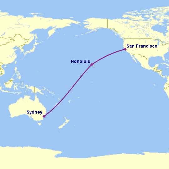 Hawaiian Airlines SYD-HNL-SFO Route Map