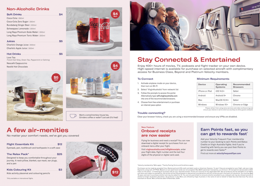 Virgin Australia New Economy Buy Onboard Menu, November 2024